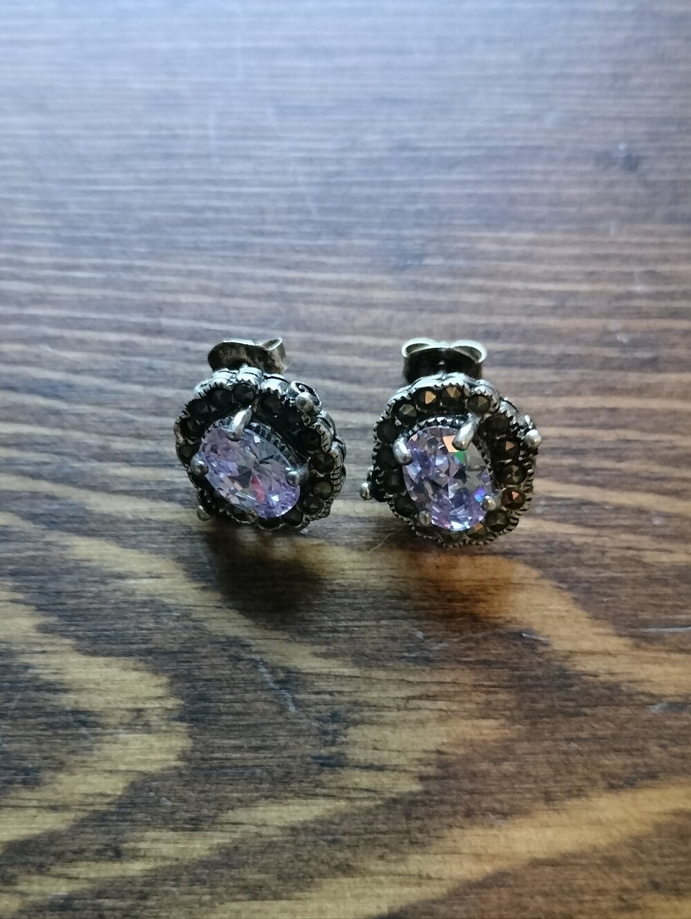 Vintage Sterling 925 Faceted Amethyst & Marcasite Stud Earrings